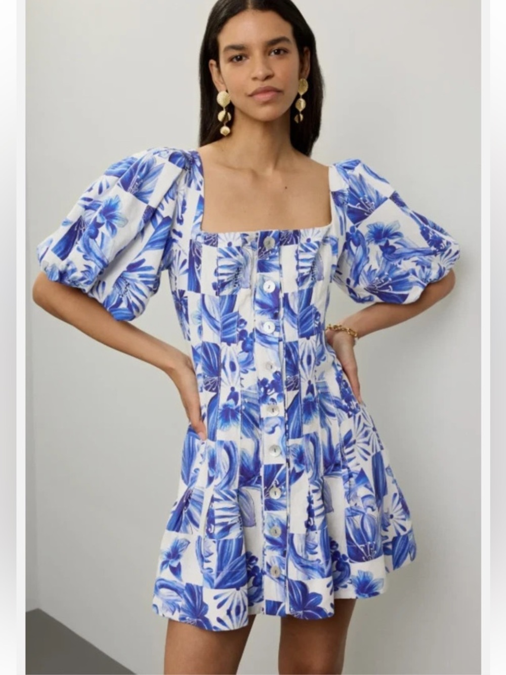NWT Caroline Constas Garden Tile Puff Sleeve Linen Dress 2